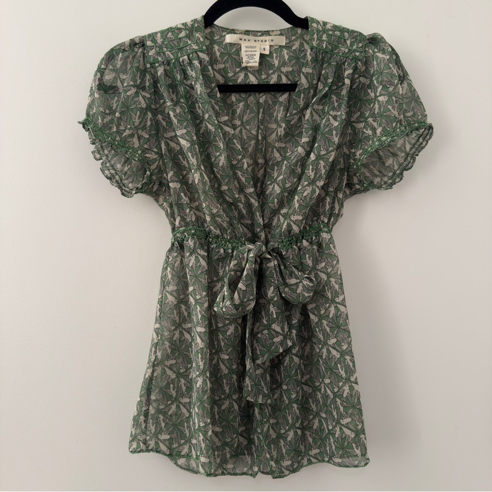 Vintage Y2K Max Studio Bird Print Whimsy Semi-Sheer 2000s Blouse Size Small S
